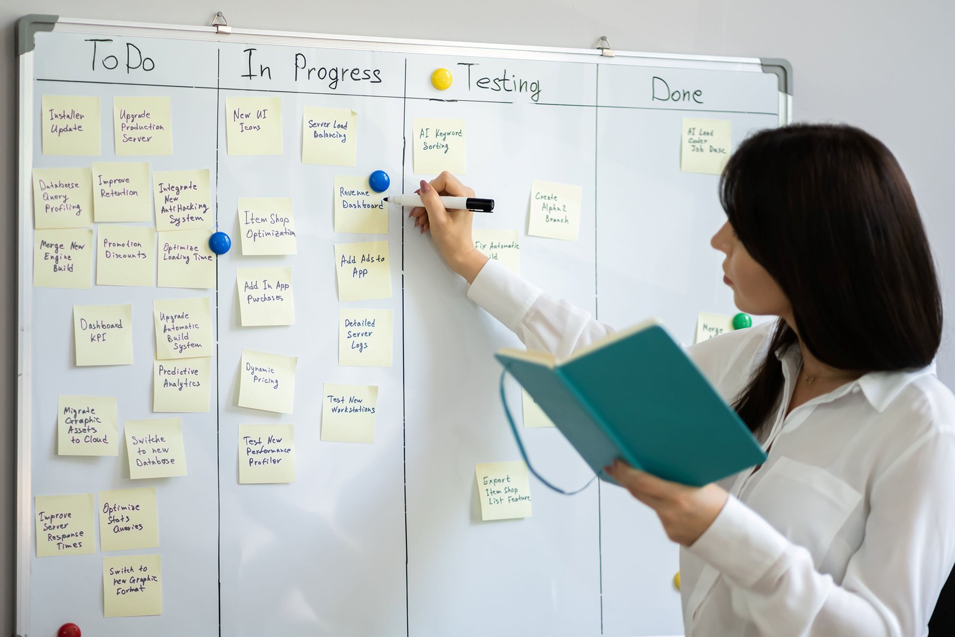 Mitarbeiterin schreibt an einem Kanban-Board mit Kategorien wie ‚To Do‘, ‚In Progress‘, ‚Testing‘ und ‚Done‘, um QA-Prozesse und Aufgaben zu organisieren.